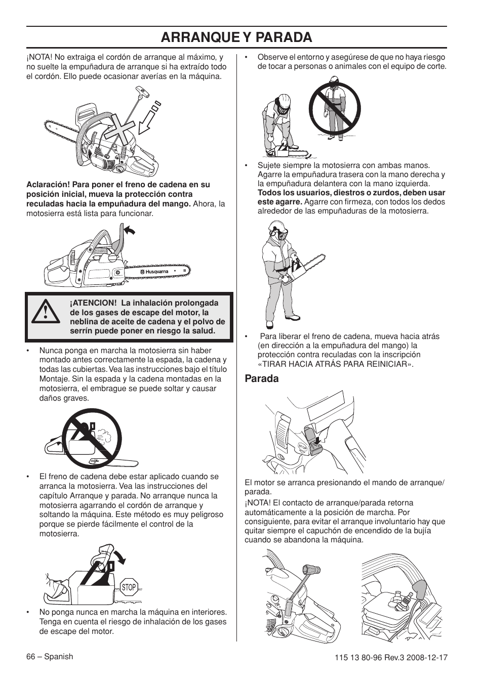 Parada, Arranque y parada | Husqvarna 435e User Manual | Page 66 / 92