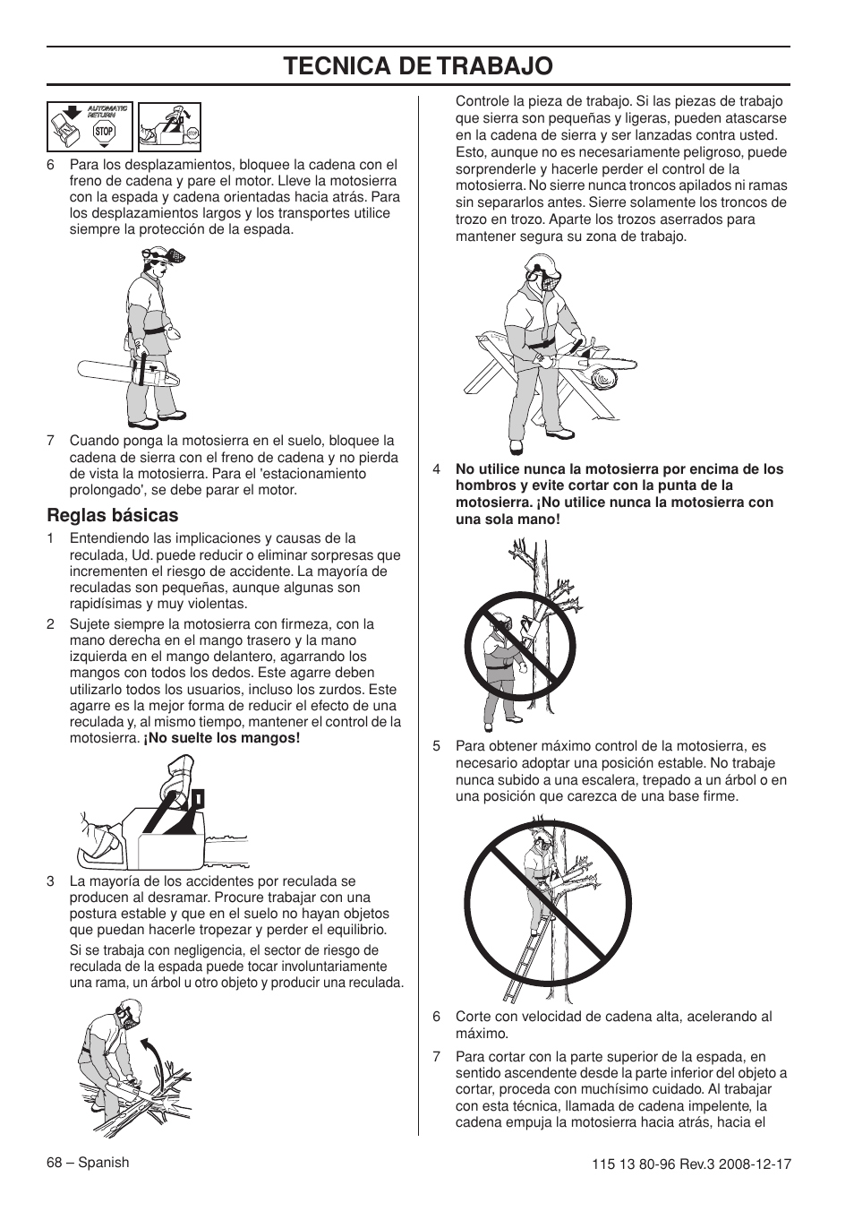 Reglas básicas, Tecnica de trabajo | Husqvarna 435e User Manual | Page 68 / 92