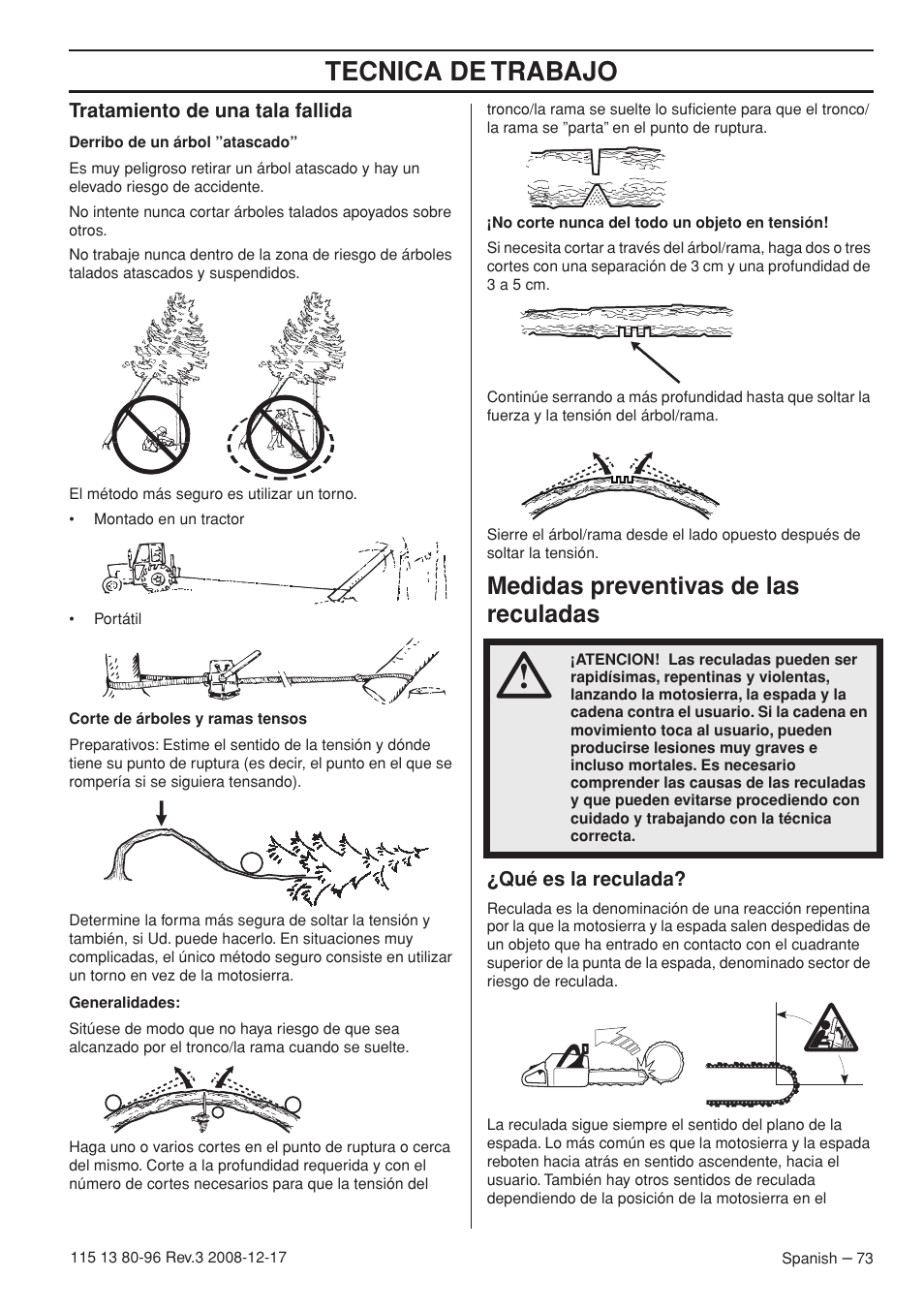 Tratamiento de una tala fallida, Medidas preventivas de las reculadas, Qué es la reculada | Tecnica de trabajo | Husqvarna 435e User Manual | Page 73 / 92