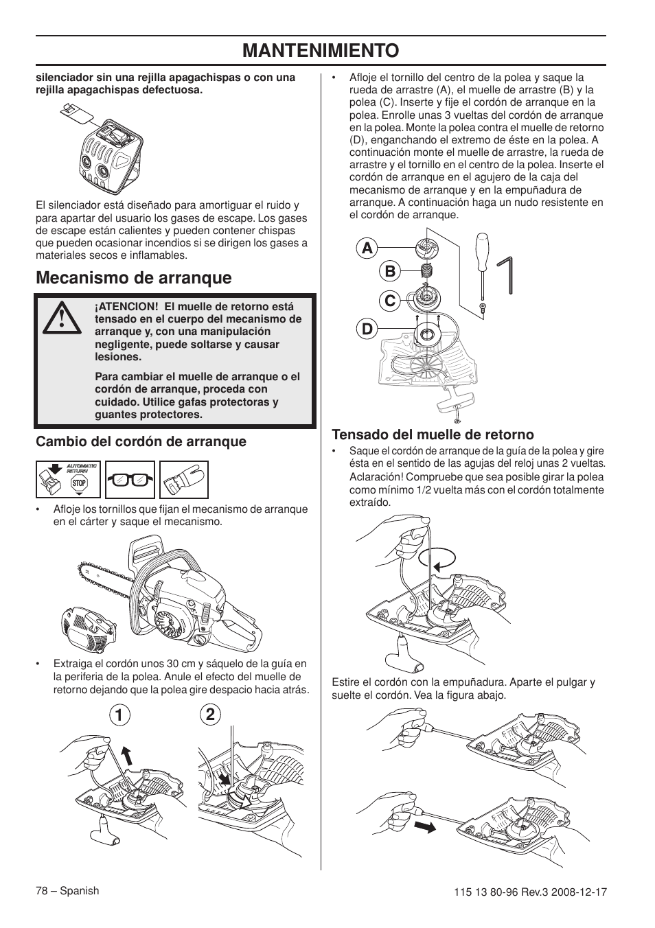 Mecanismo de arranque, Cambio del cordón de arranque, Tensado del muelle de retorno | Mantenimiento | Husqvarna 435e User Manual | Page 78 / 92