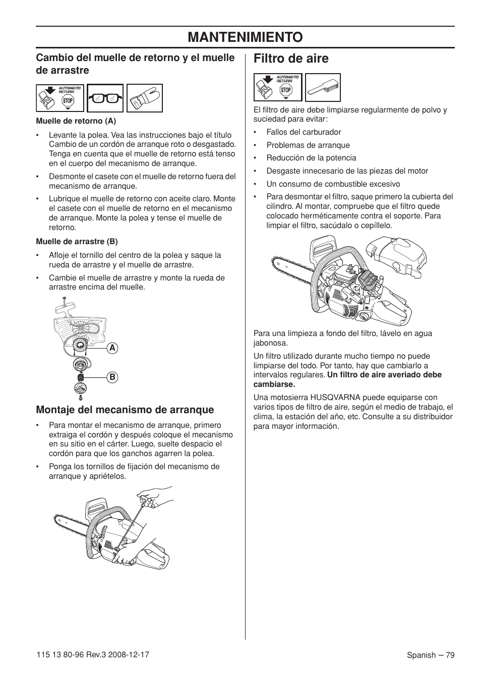 Montaje del mecanismo de arranque, Filtro de aire, Mantenimiento | Husqvarna 435e User Manual | Page 79 / 92