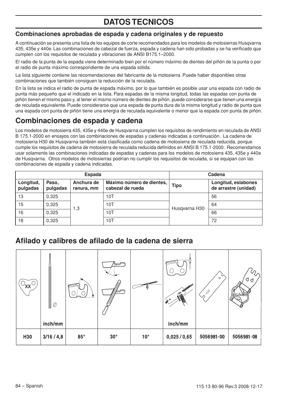 Datos tecnicos, Combinaciones de espada y cadena | Husqvarna 435e User Manual | Page 84 / 92