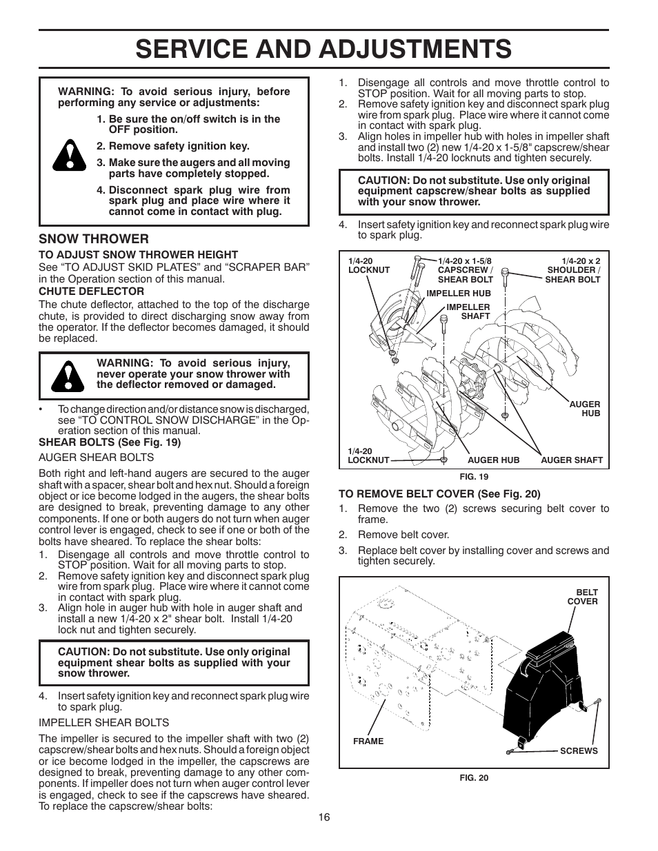 Service and adjustments, Snow thrower | Husqvarna 924HV User Manual | Page 16 / 24