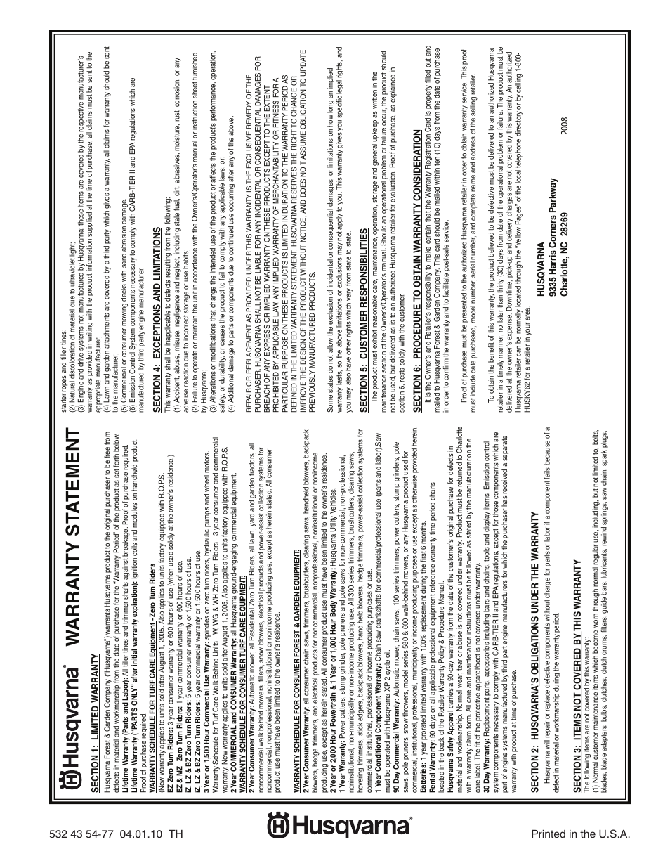 Warranty statement, Warranty st a tement | Husqvarna 924HV User Manual | Page 24 / 24