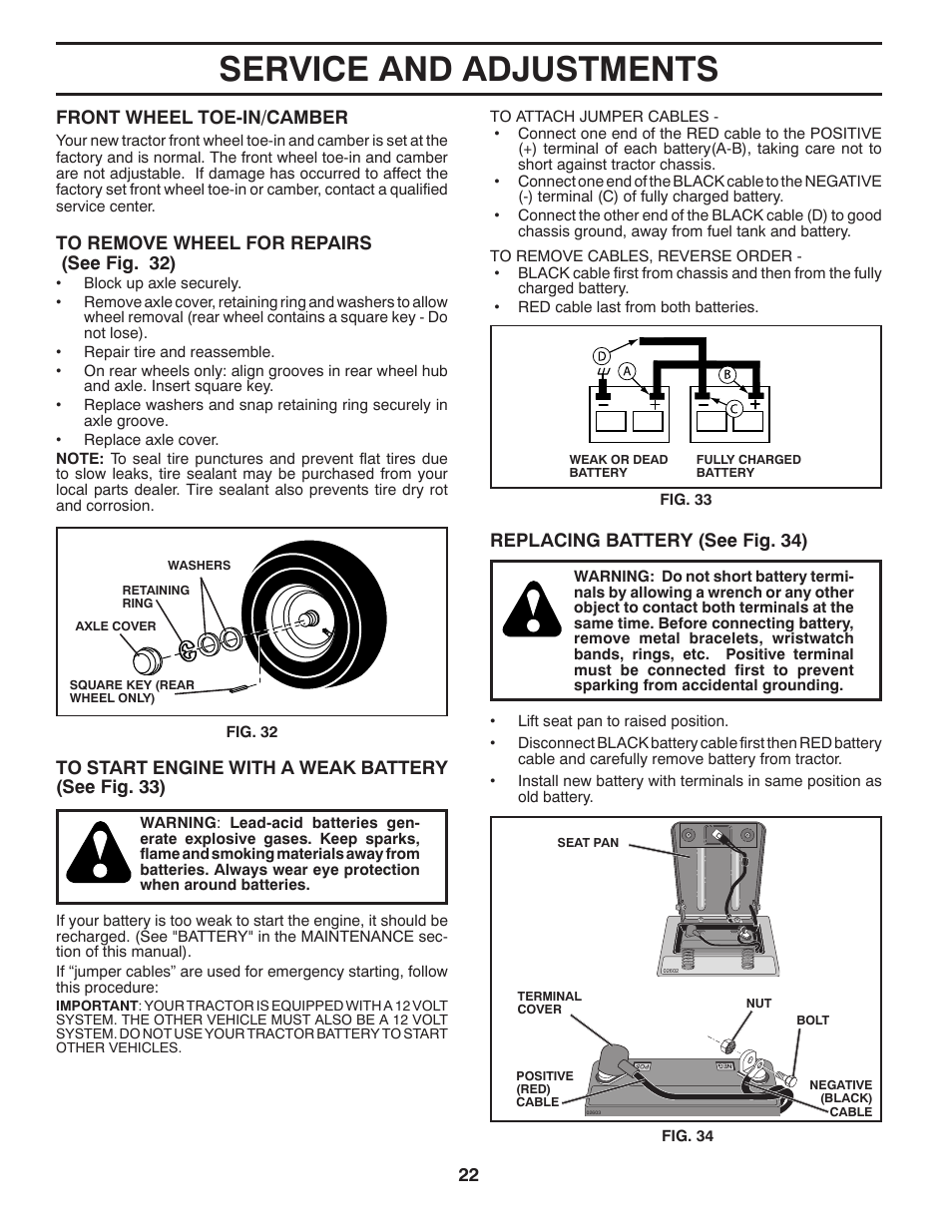 Service and adjustments, Front wheel toe-in/camber, Replacing battery (see fig. 34) | Husqvarna 96045002100 User Manual | Page 22 / 44