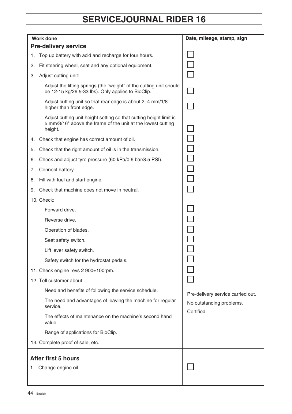 Servicejournal, Servicejournal rider 16 | Husqvarna 16 User Manual | Page 46 / 52