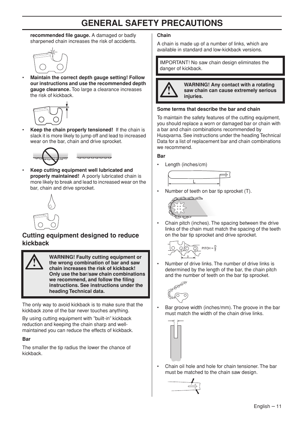 General safety precautions, Cutting equipment designed to reduce kickback | Husqvarna 395XPG User Manual | Page 11 / 44