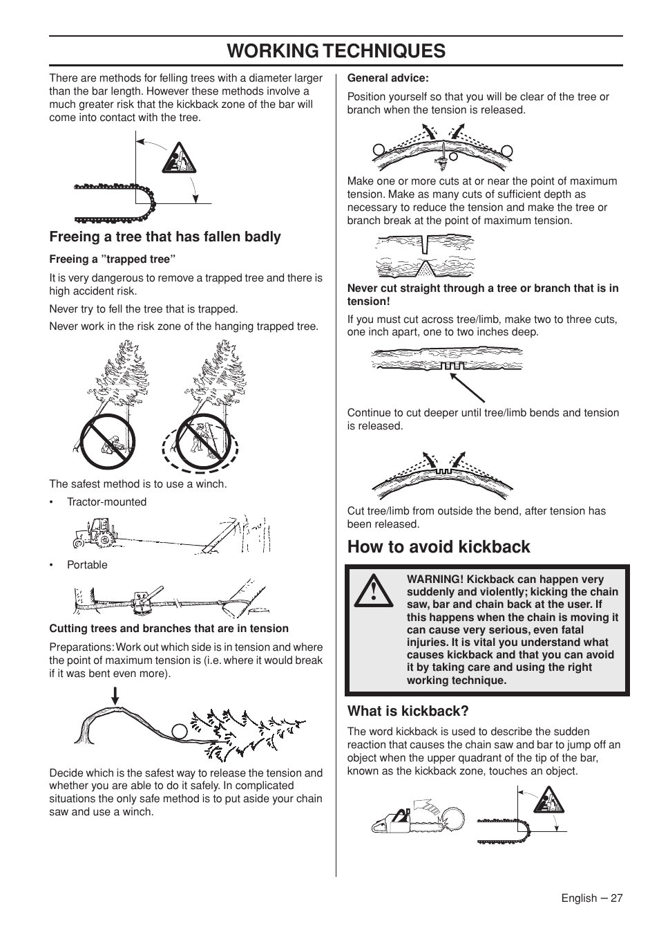 Working techniques, How to avoid kickback | Husqvarna 395XPG User Manual | Page 27 / 44