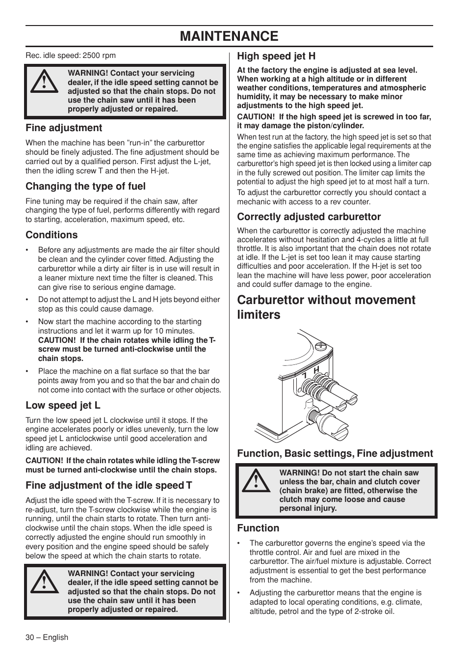 Maintenance, Carburettor without movement limiters | Husqvarna 395XPG User Manual | Page 30 / 44