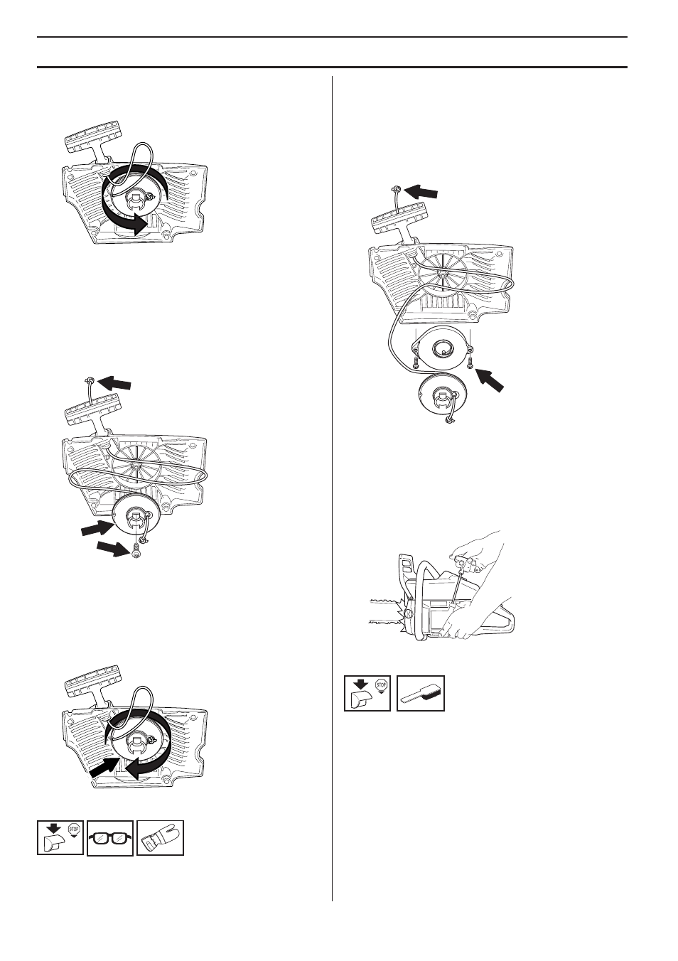 Tensioning the recoil spring, Changing a broken recoil spring, Fitting the starter | Air filter, Maintenance | Husqvarna 357XPG E-tech User Manual | Page 36 / 44