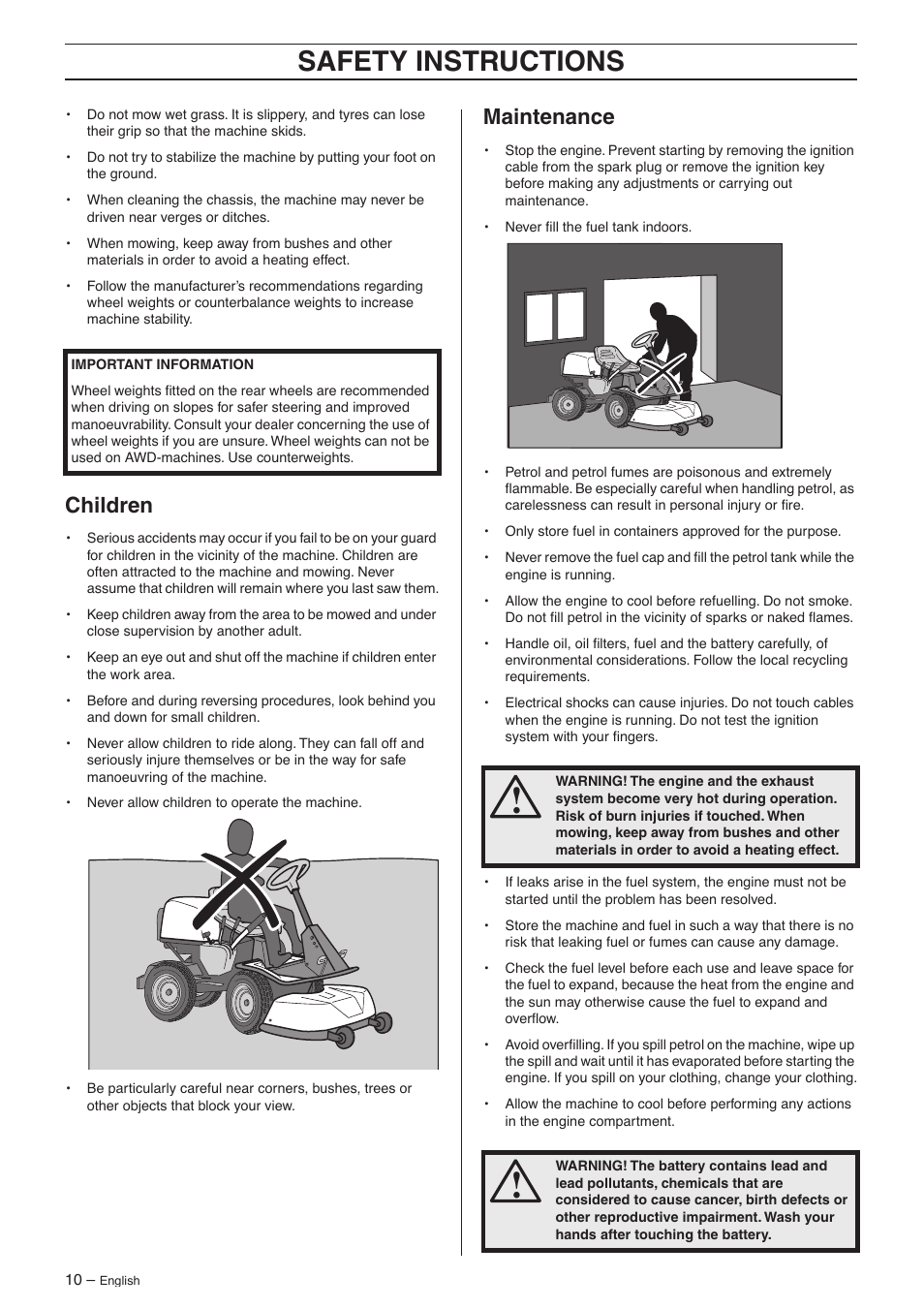 Children, Maintenance, Safety instr uctions | Husqvarna 16 AWD User Manual | Page 10 / 44