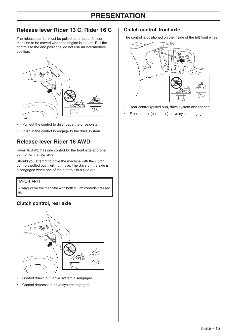 Release lever rider 13 c, rider 16 c, Release lever rider 16 awd, Clutch control, rear axle | Clutch control, front axle, Presentation | Husqvarna 16 AWD User Manual | Page 15 / 44