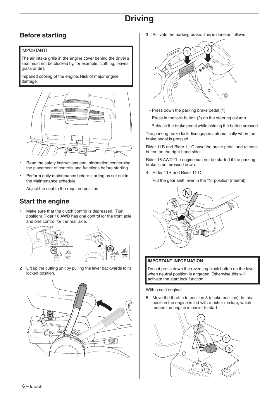Before starting, Start the engine, Driving | Husqvarna 16 AWD User Manual | Page 16 / 44
