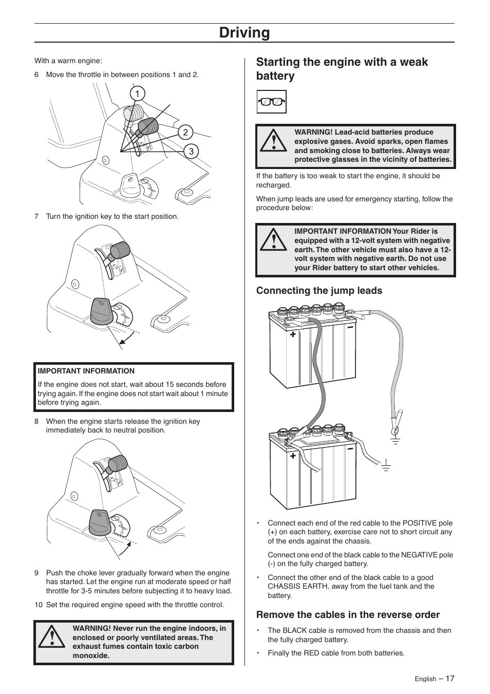Starting the engine with a weak battery, Connecting the jump leads, Remove the cables in the reverse order | Driving | Husqvarna 16 AWD User Manual | Page 17 / 44