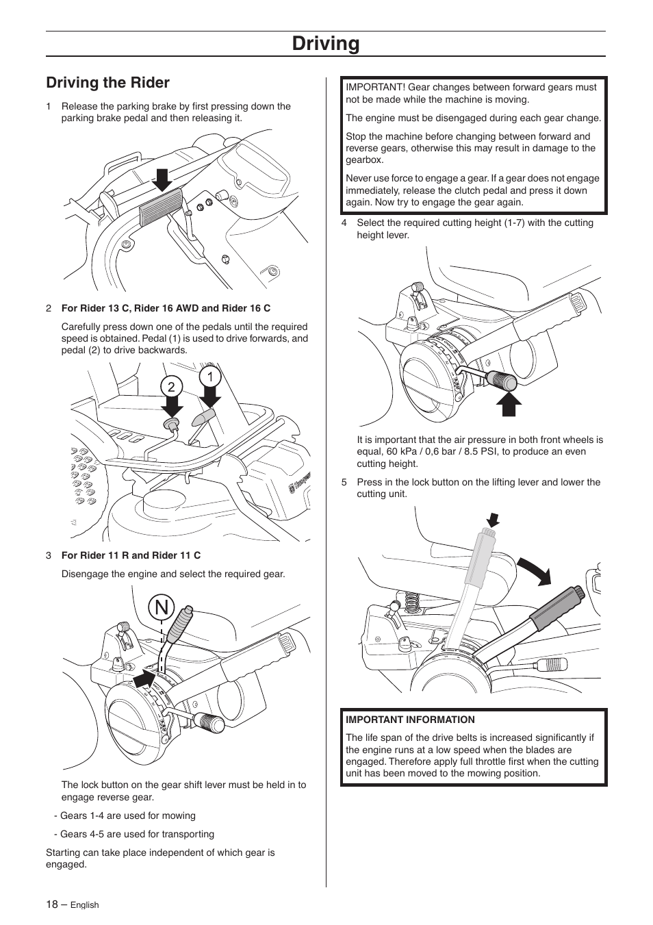 Driving the rider, Driving | Husqvarna 16 AWD User Manual | Page 18 / 44