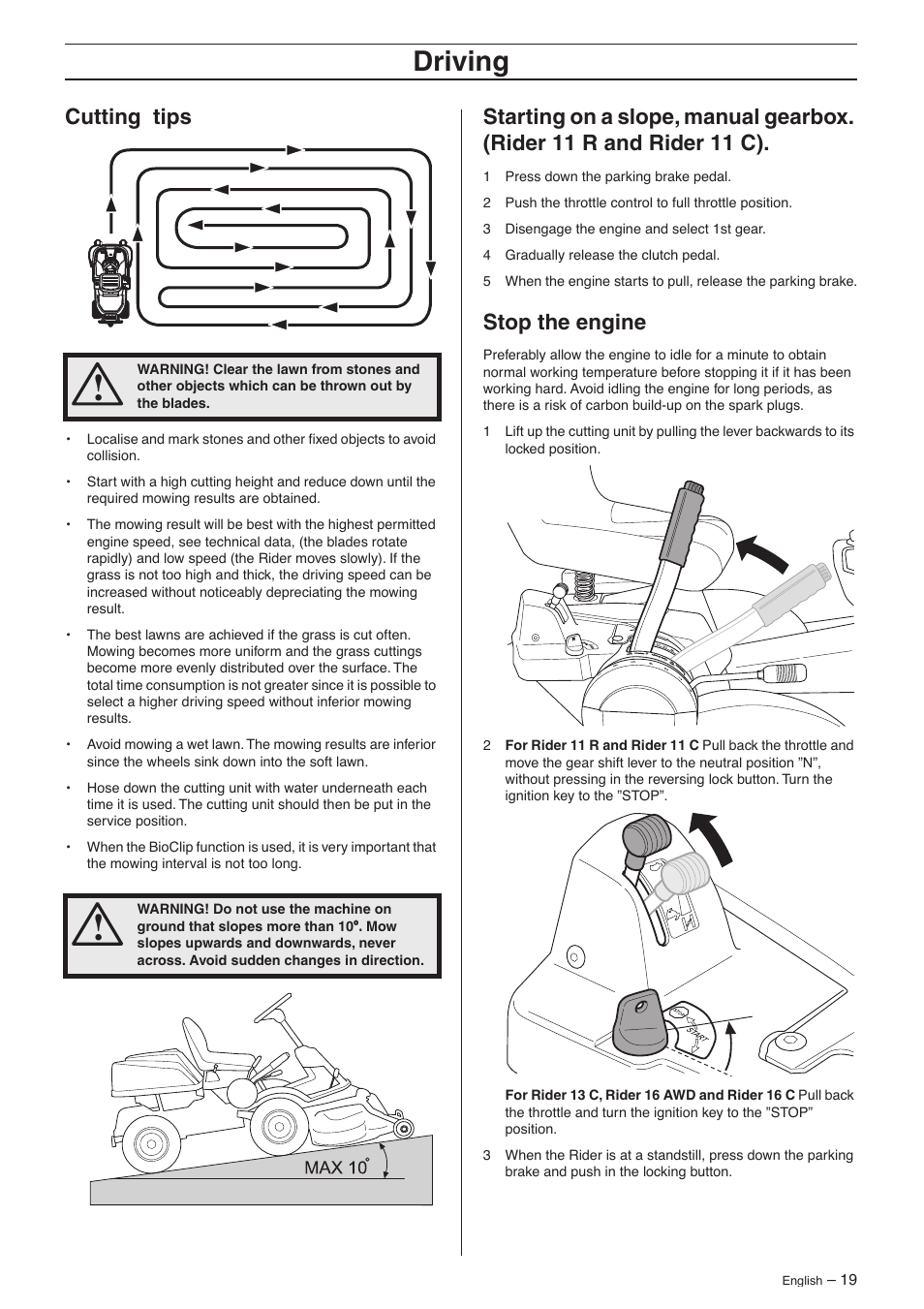 Cutting tips, Stop the engine, Driving | Husqvarna 16 AWD User Manual | Page 19 / 44