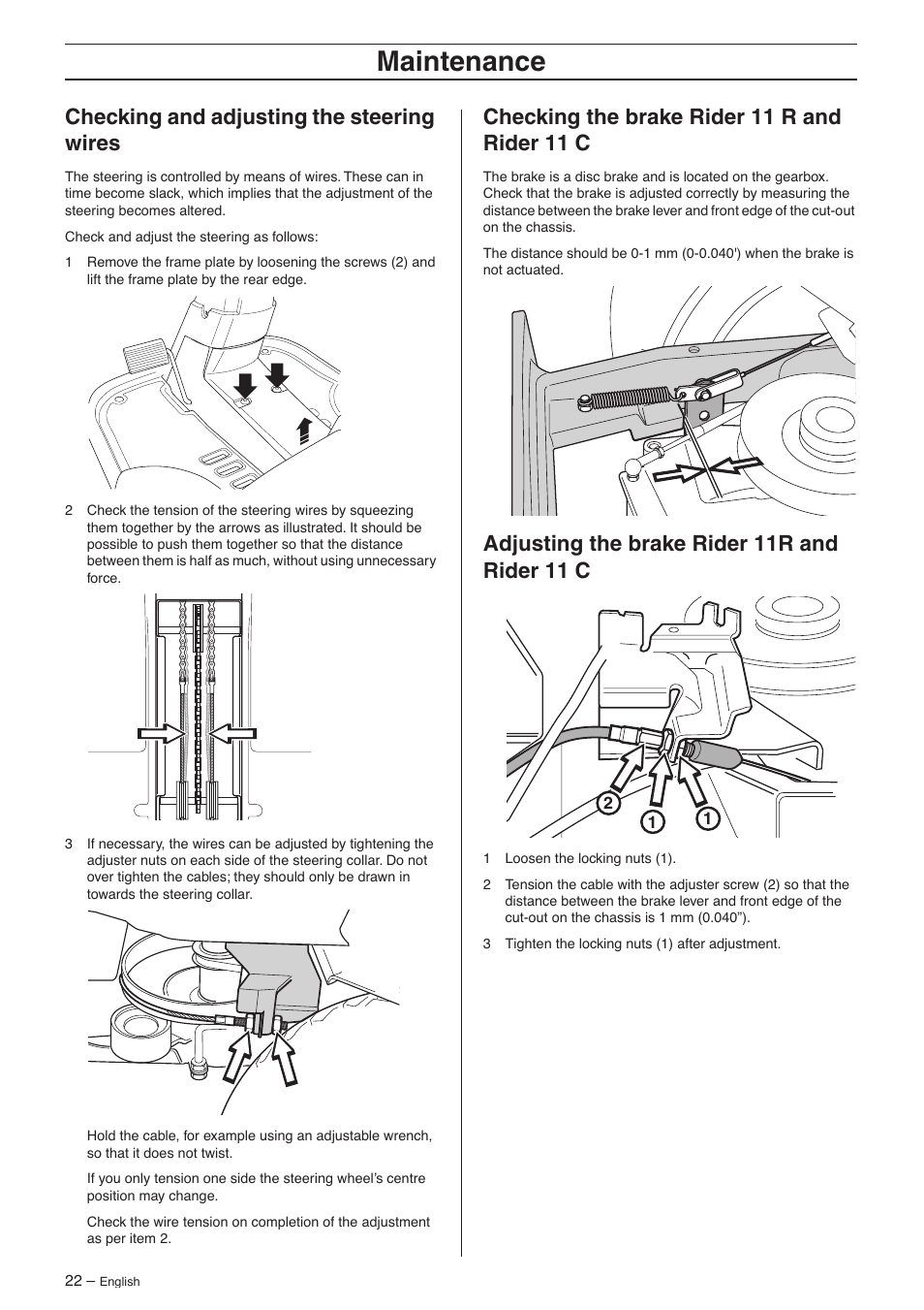 Checking and adjusting the steering wires, Checking the brake rider 11 r and rider 11 c, Adjusting the brake rider 11r and rider 11 c | Maintenance | Husqvarna 16 AWD User Manual | Page 22 / 44