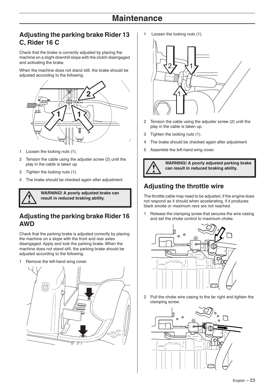 Adjusting the parking brake rider 13 c, rider 16 c, Adjusting the parking brake rider 16 awd, Adjusting the throttle wire | Maintenance | Husqvarna 16 AWD User Manual | Page 23 / 44