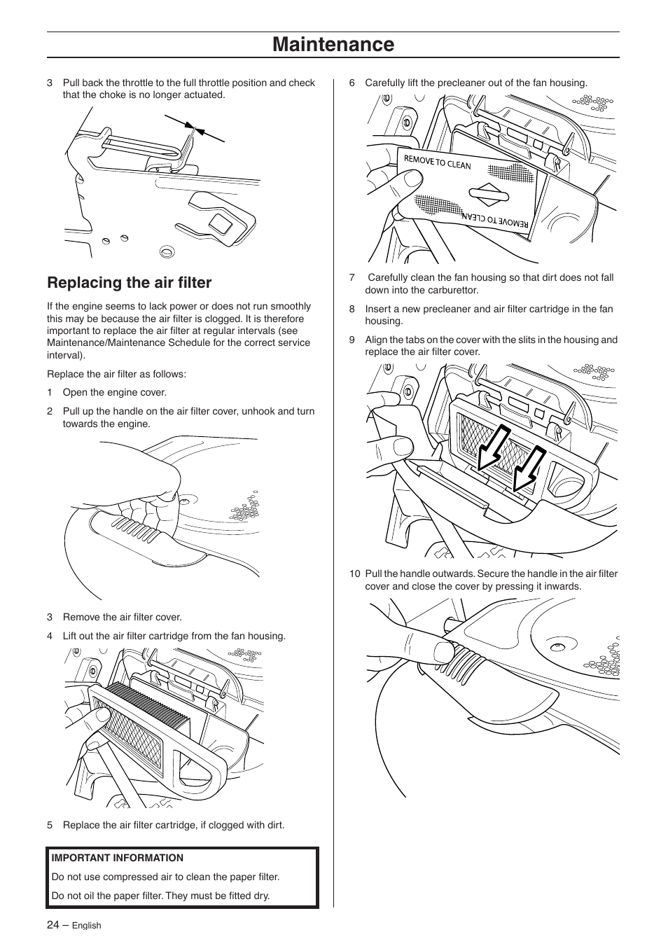 Replacing the air filter, Maintenance | Husqvarna 16 AWD User Manual | Page 24 / 44