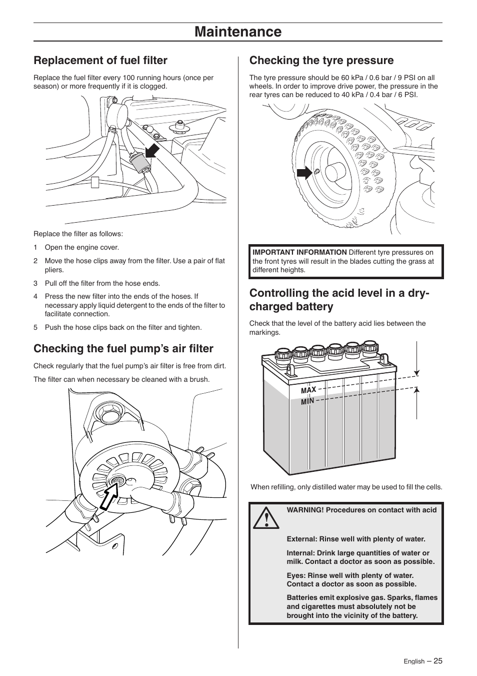Replacement of fuel filter, Checking the fuel pump’s air filter, Checking the tyre pressure | Maintenance | Husqvarna 16 AWD User Manual | Page 25 / 44