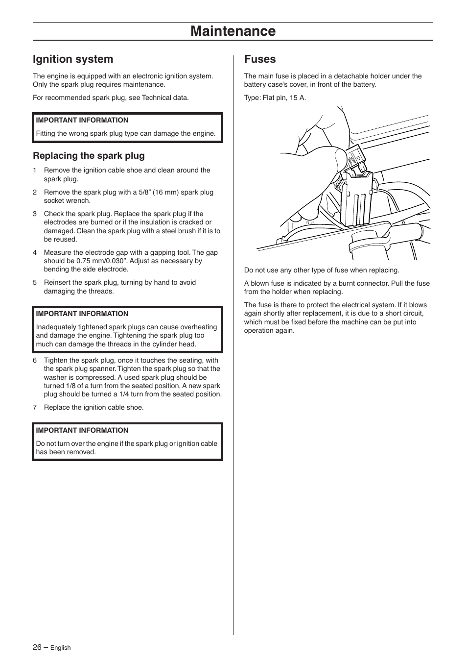Ignition system, Replacing the spark plug, Fuses | Maintenance | Husqvarna 16 AWD User Manual | Page 26 / 44