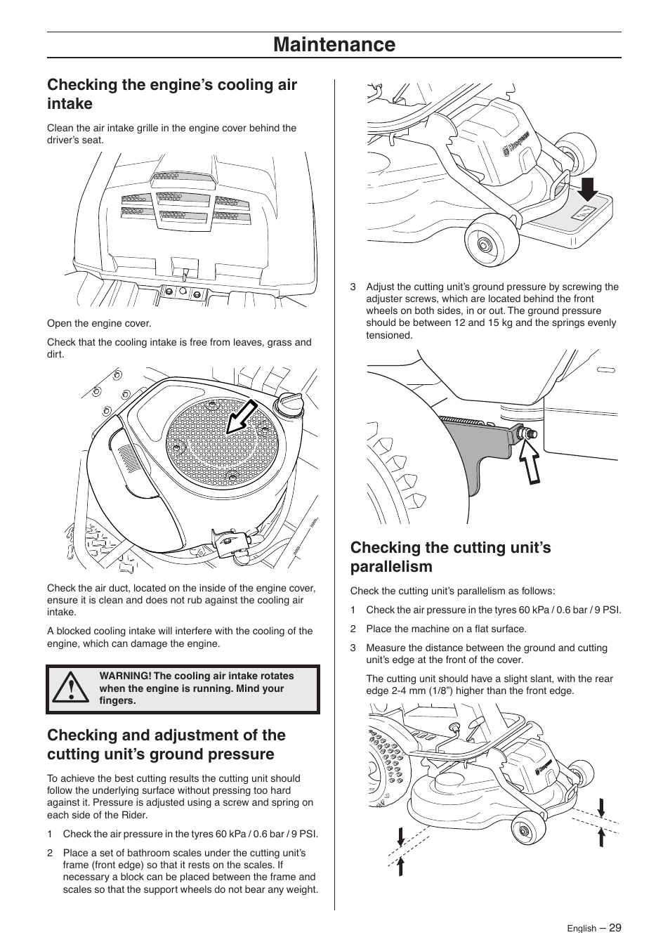 Checking the engine’s cooling air intake, Checking the cutting unit’s parallelism, Maintenance | Husqvarna 16 AWD User Manual | Page 29 / 44