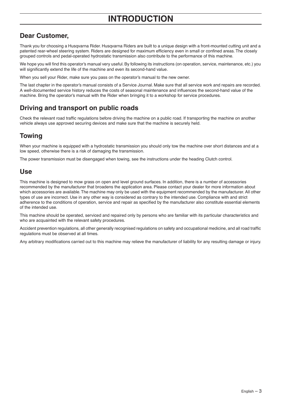 Dear customer, Driving and transport on public roads, Towing | Intr oduction, Driving and transpor t on public roads, T owing | Husqvarna 16 AWD User Manual | Page 3 / 44