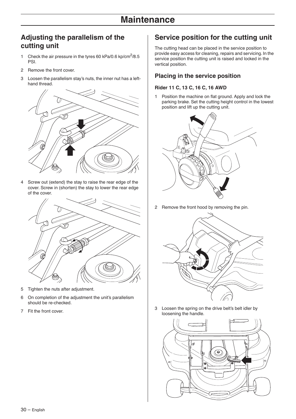 Adjusting the parallelism of the cutting unit, Service position for the cutting unit, Placing in the service position | Maintenance | Husqvarna 16 AWD User Manual | Page 30 / 44