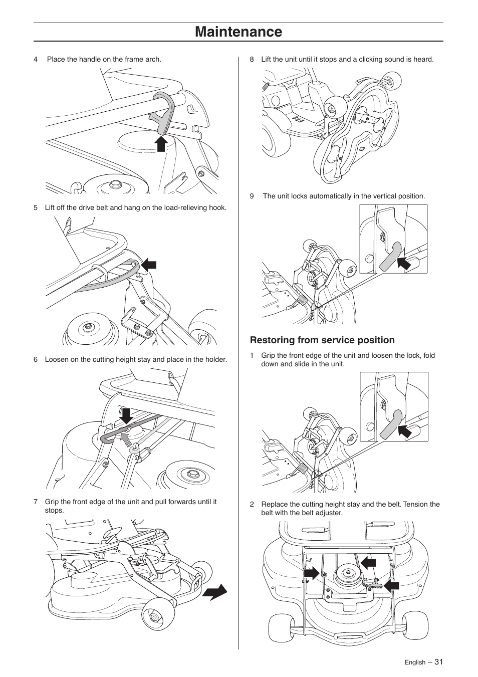 Restoring from service position, Maintenance | Husqvarna 16 AWD User Manual | Page 31 / 44