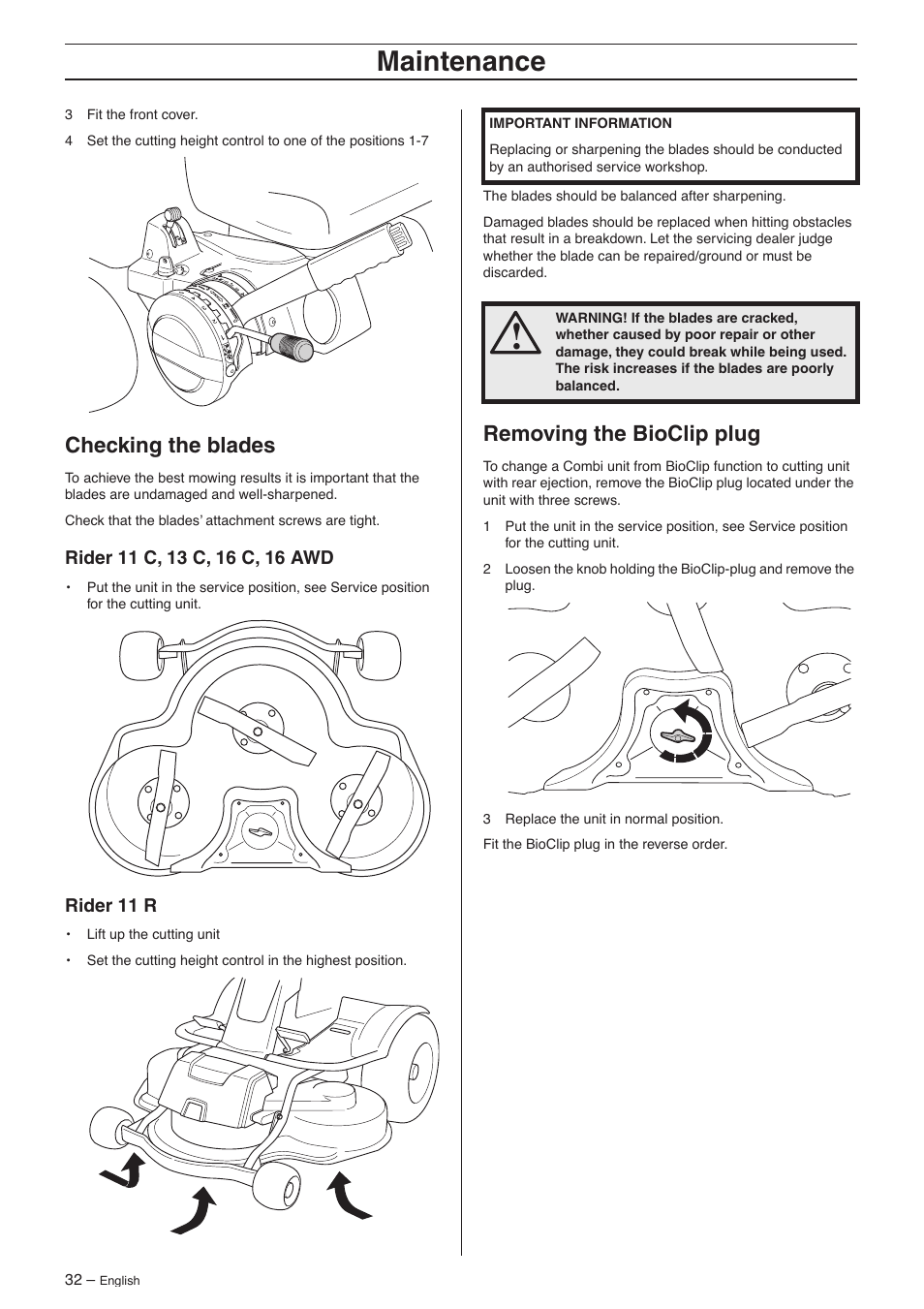 Checking the blades, Rider 11 c, 13 c, 16 c, 16 awd, Rider 11 r | Removing the bioclip plug, Maintenance | Husqvarna 16 AWD User Manual | Page 32 / 44