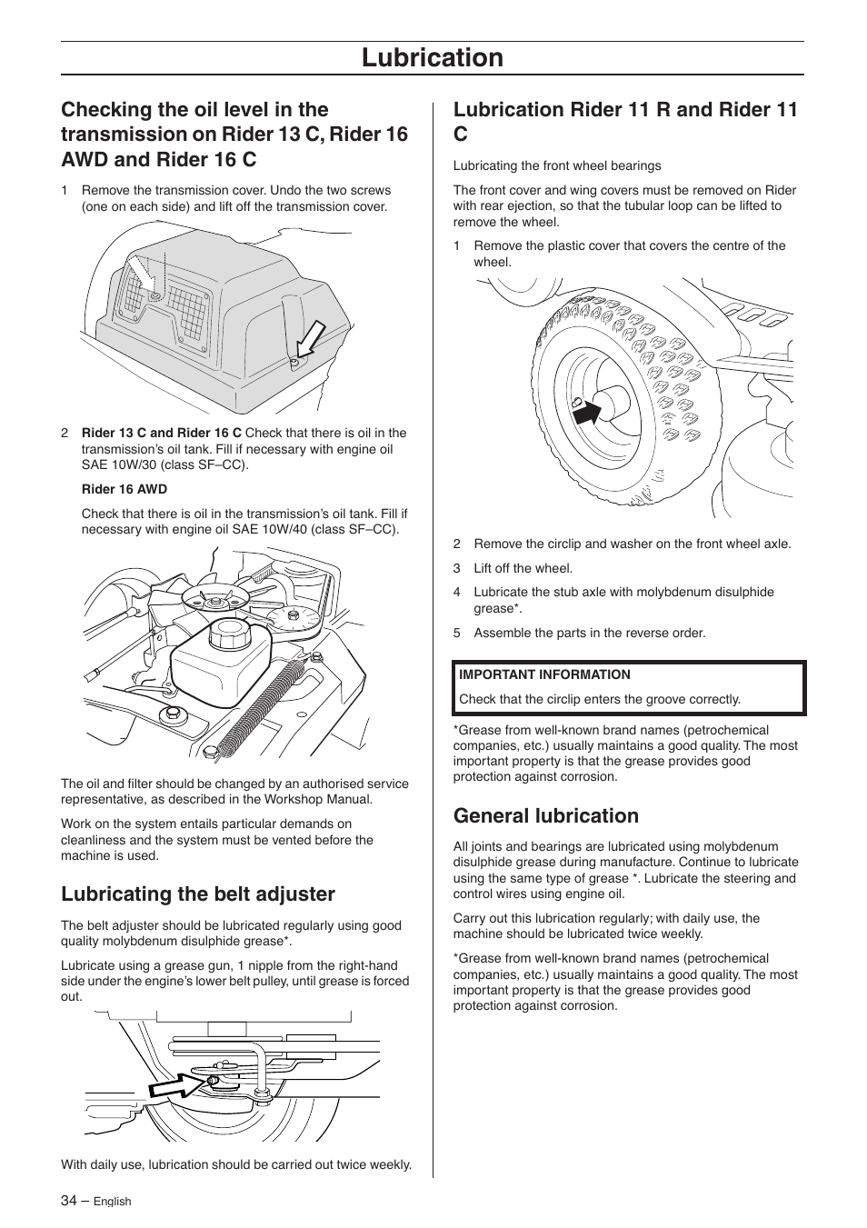 Lubricating the belt adjuster, Lubrication rider 11 r and rider 11 c, General lubrication | Lubrication | Husqvarna 16 AWD User Manual | Page 34 / 44
