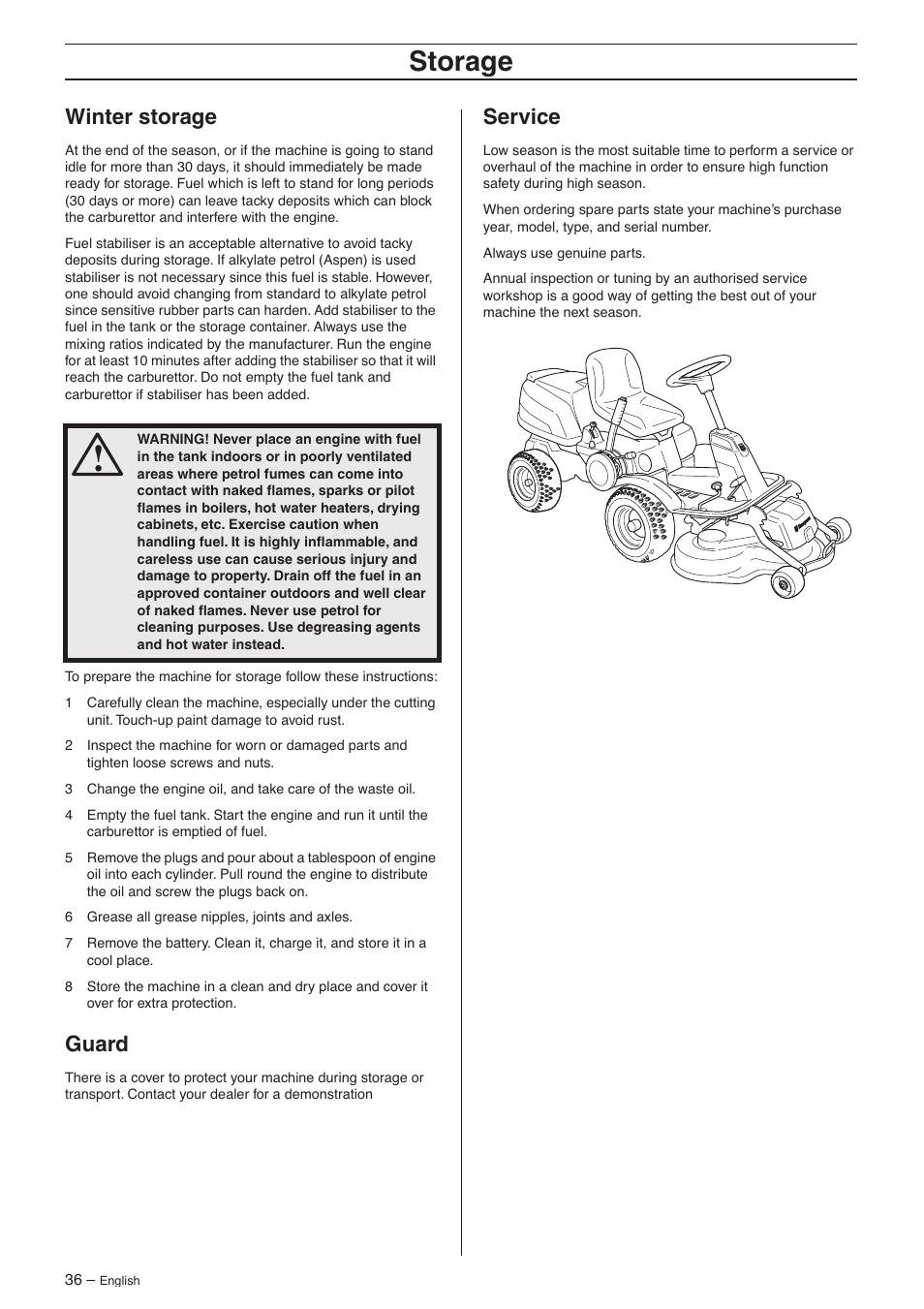 Winter storage, Guard, Service | Storage | Husqvarna 16 AWD User Manual | Page 36 / 44