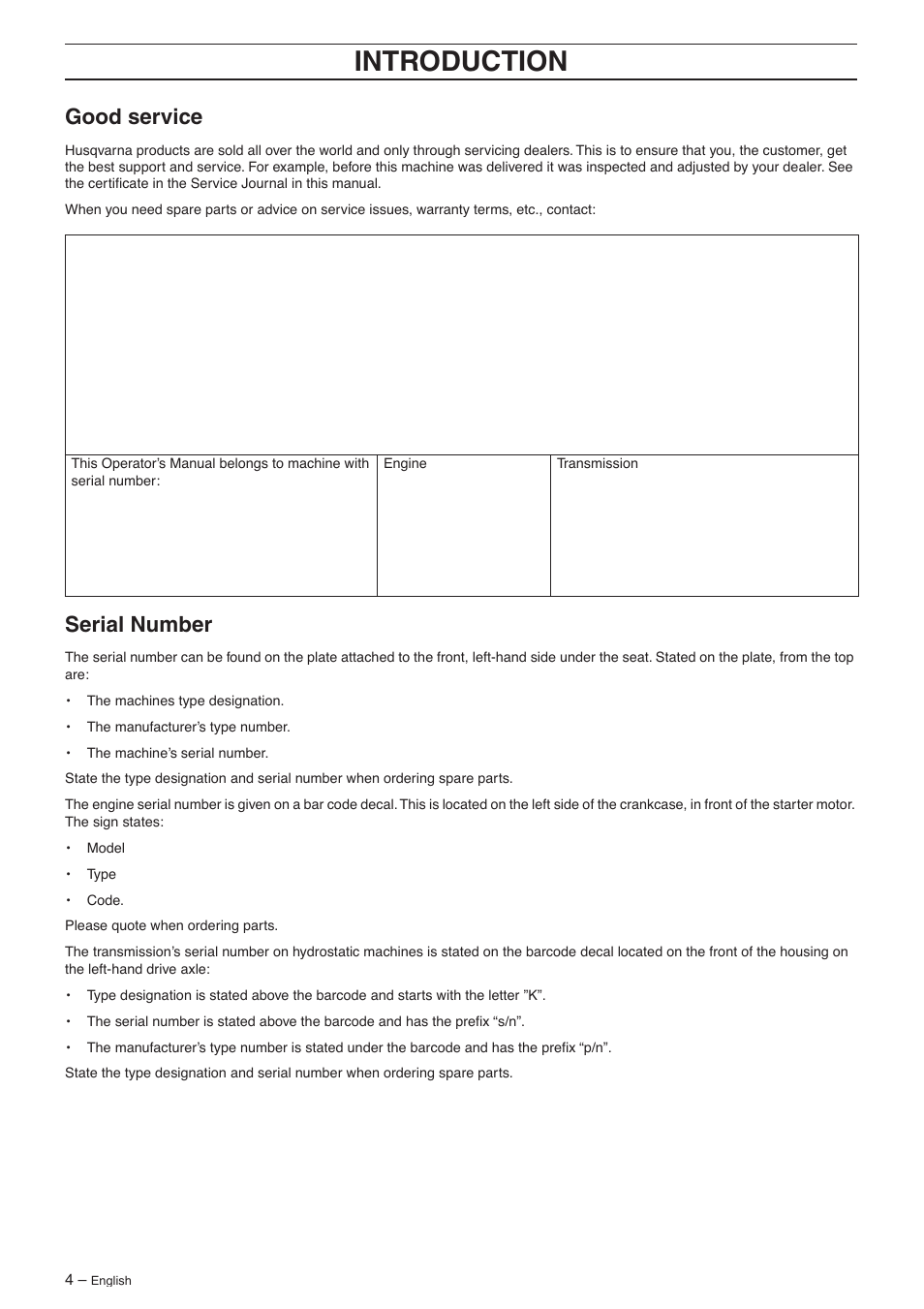 Good service, Serial number, Intr oduction | Good ser vice | Husqvarna 16 AWD User Manual | Page 4 / 44
