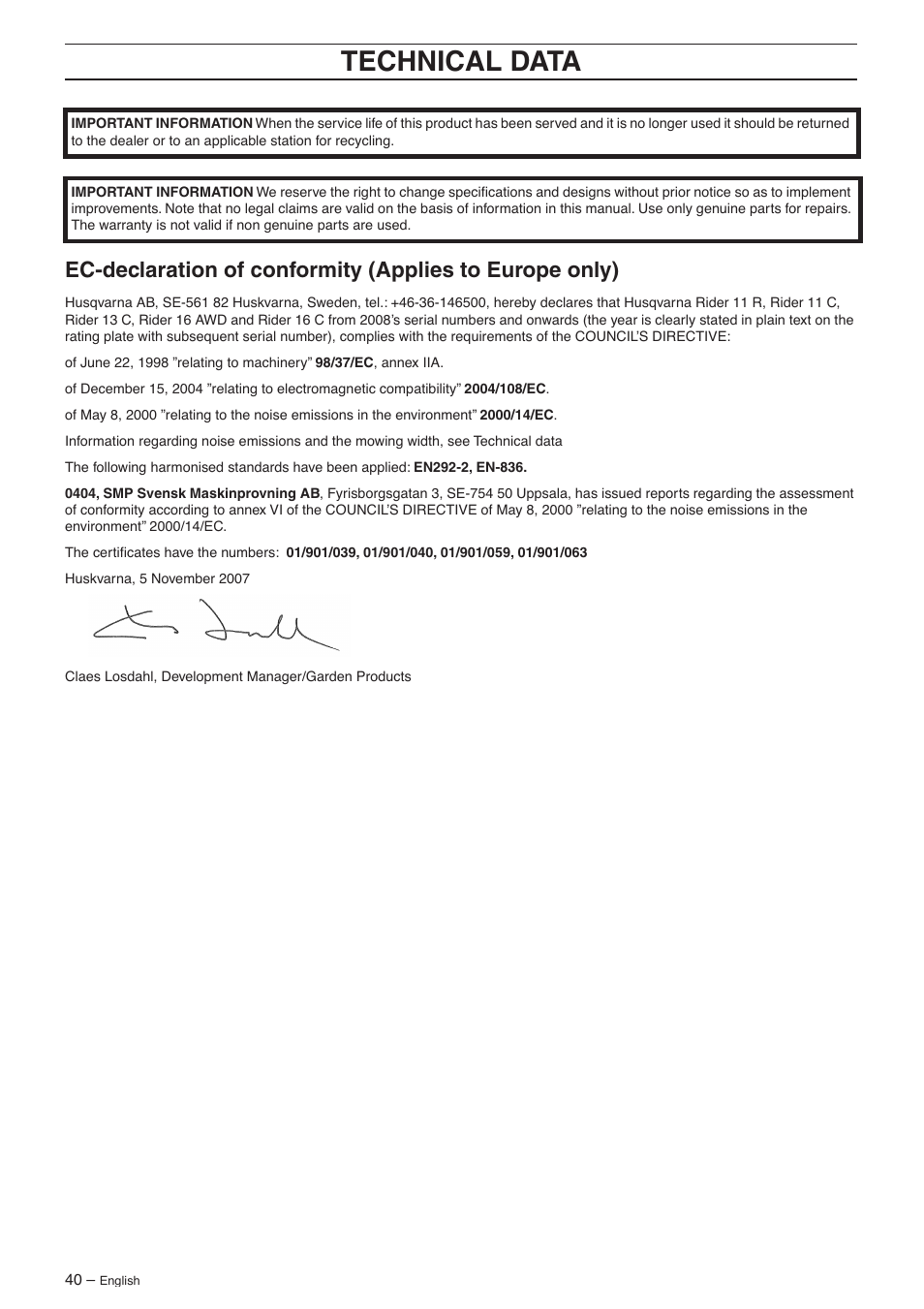 Technical data | Husqvarna 16 AWD User Manual | Page 40 / 44