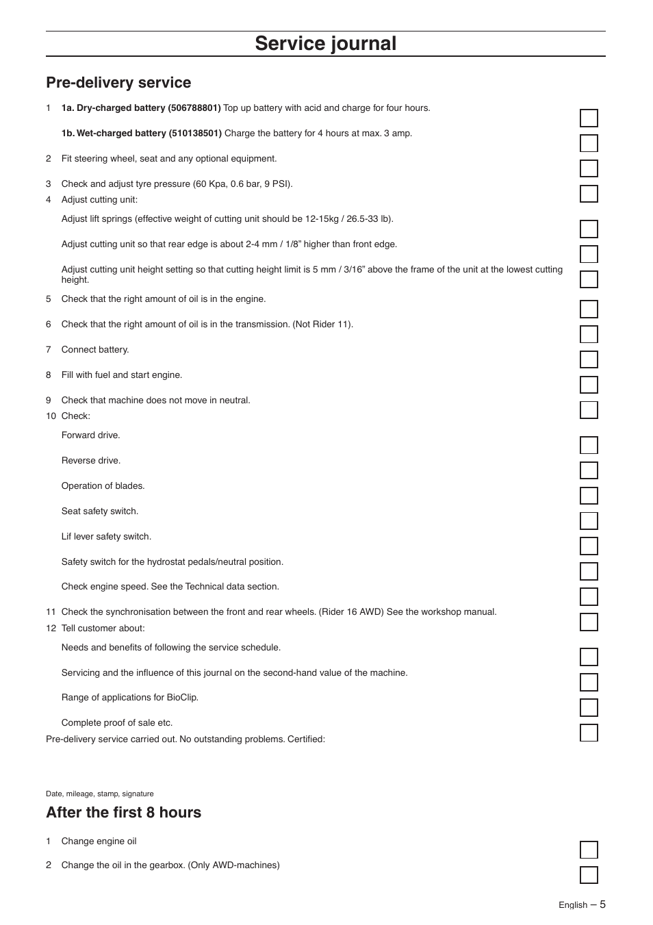 Pre-delivery service, After the first 8 hours, Ser vice journal | Pre-deliver y service, After the fi rst 8 hours | Husqvarna 16 AWD User Manual | Page 5 / 44