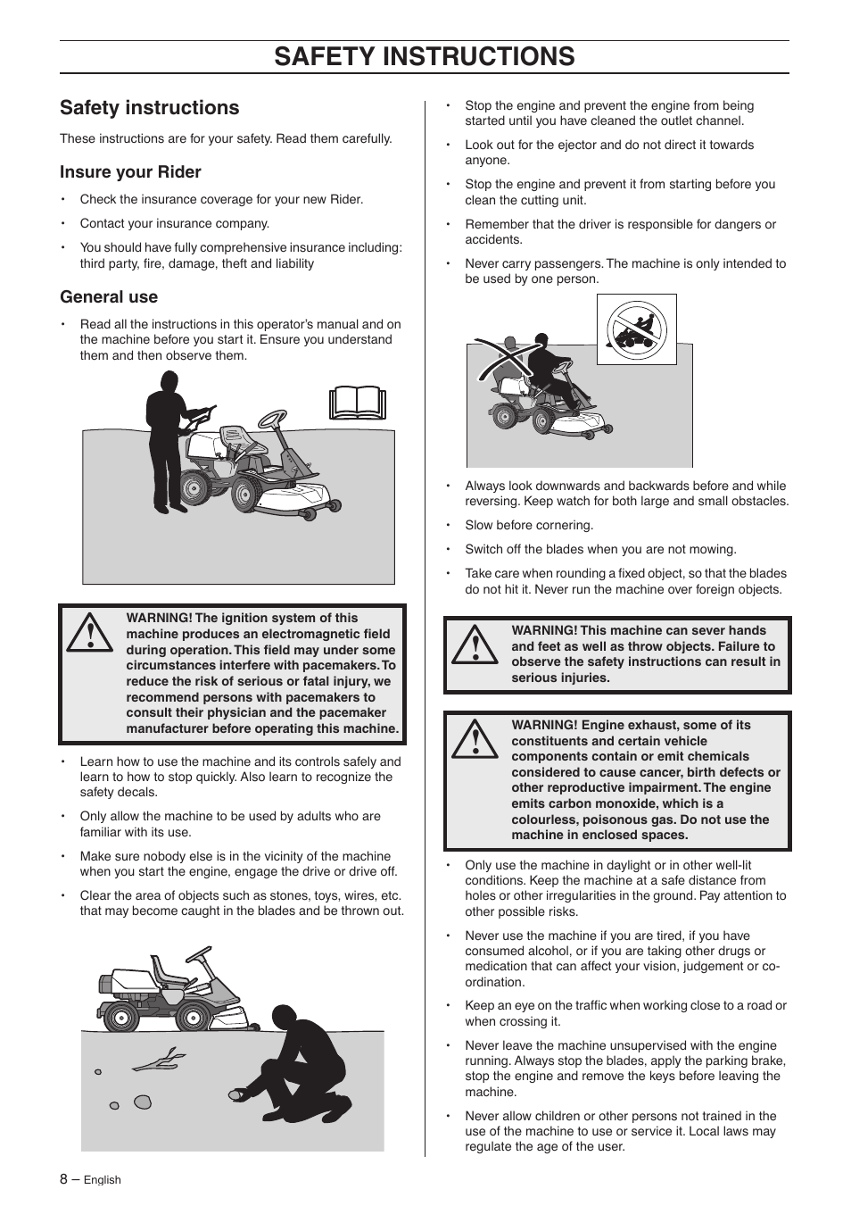 Safety instructions, Insure your rider, General use | Safety instr uctions, Saf ety instructions | Husqvarna 16 AWD User Manual | Page 8 / 44