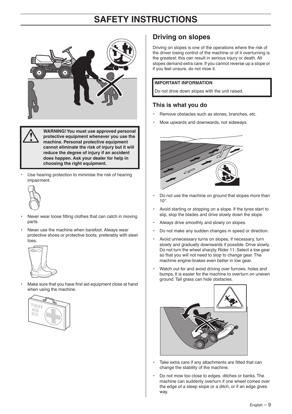 Driving on slopes, This is what you do, Safety instr uctions | Husqvarna 16 AWD User Manual | Page 9 / 44