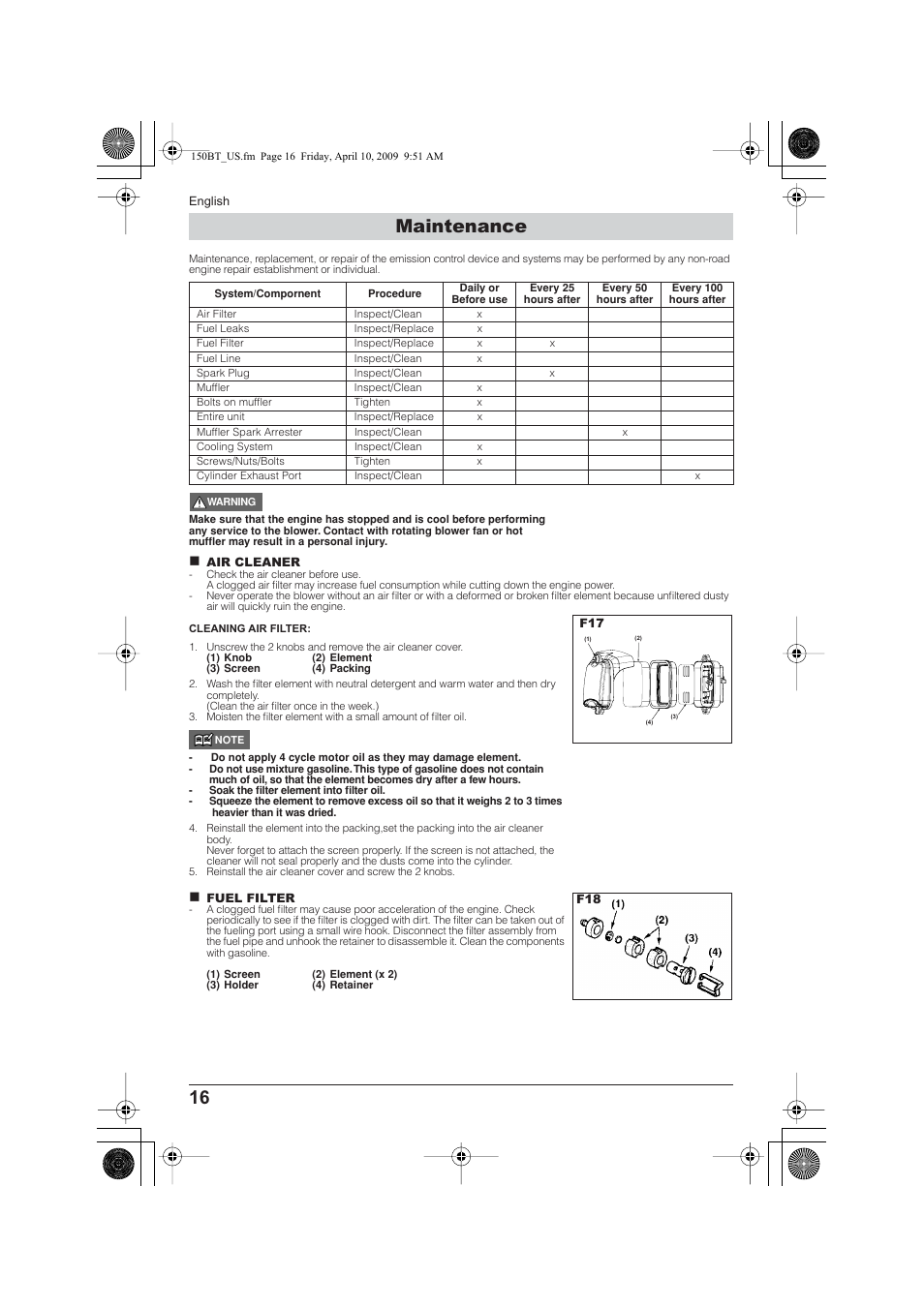 Maintenance | Husqvarna 115 24 05-95 User Manual | Page 16 / 18