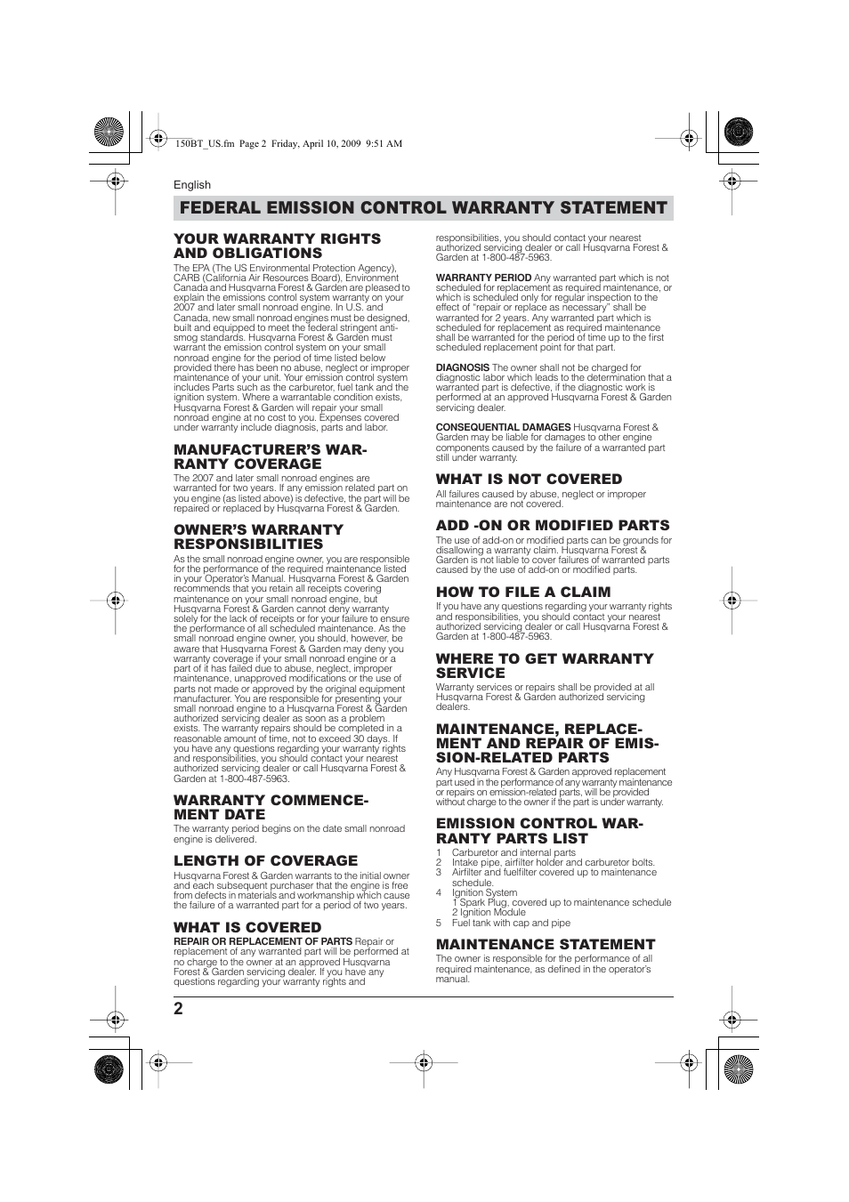 Federal emission control warranty statement | Husqvarna 115 24 05-95 User Manual | Page 2 / 18