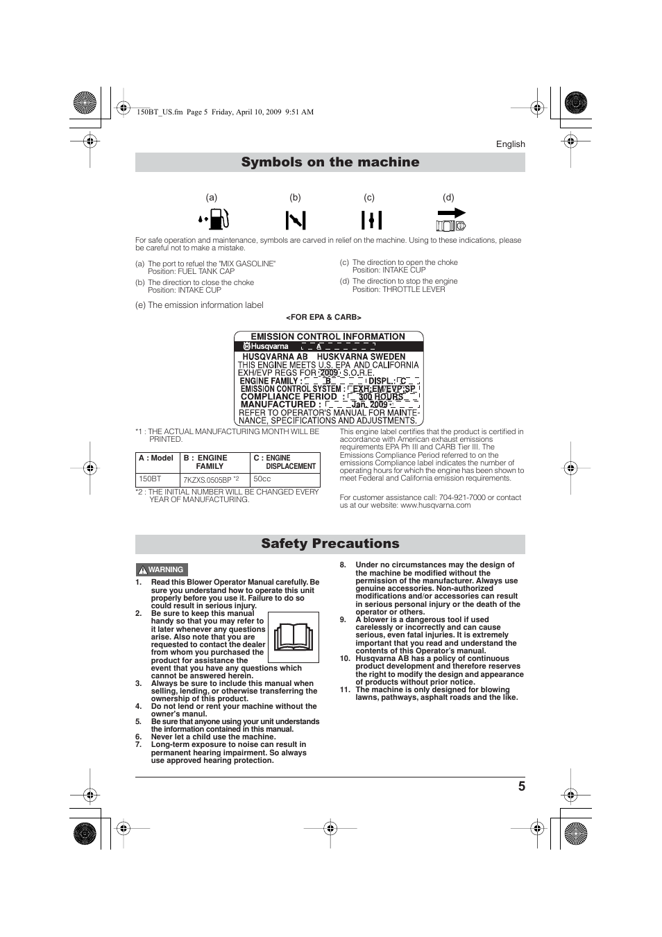 Safety precautions symbols on the machine | Husqvarna 115 24 05-95 User Manual | Page 5 / 18