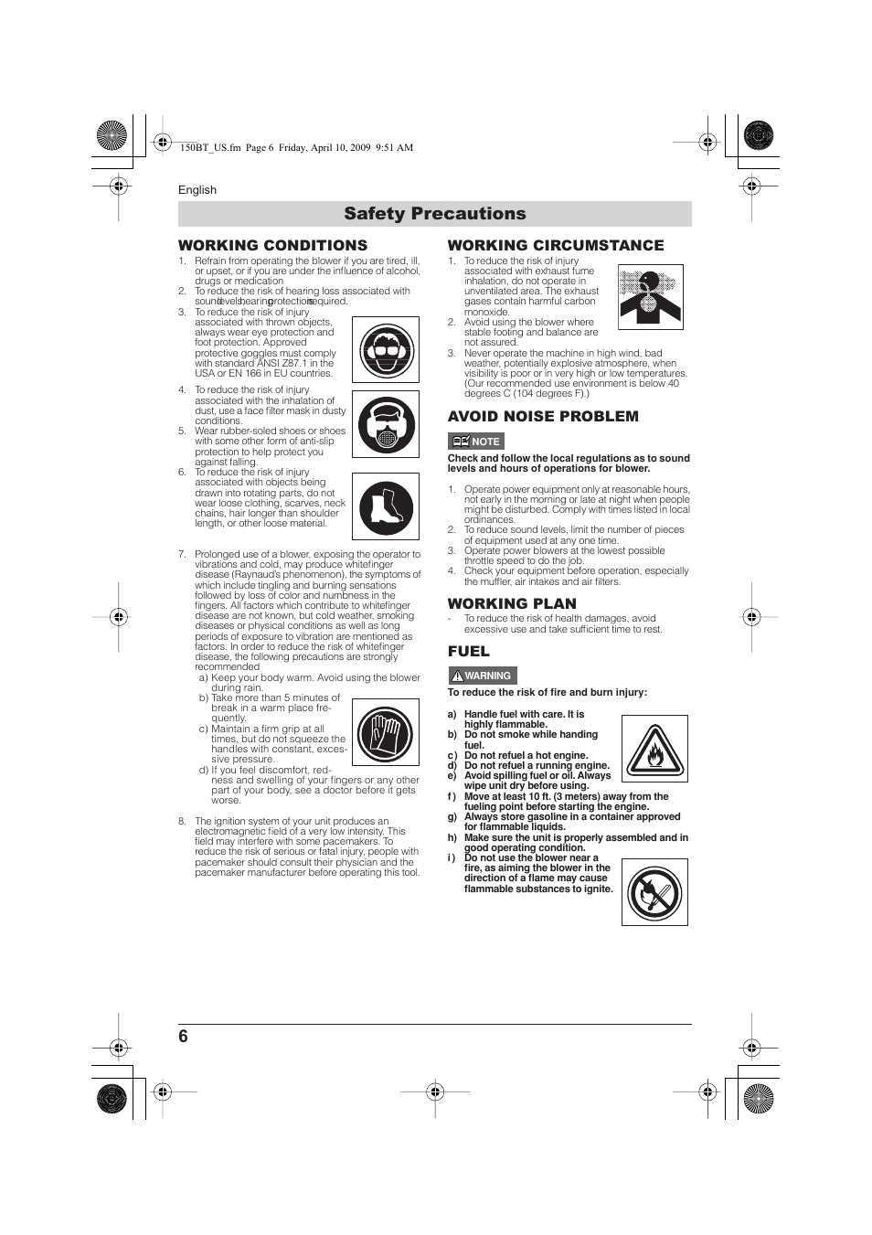 Safety precautions, Working conditions, Working circumstance | Avoid noise problem, Working plan, Fuel | Husqvarna 115 24 05-95 User Manual | Page 6 / 18