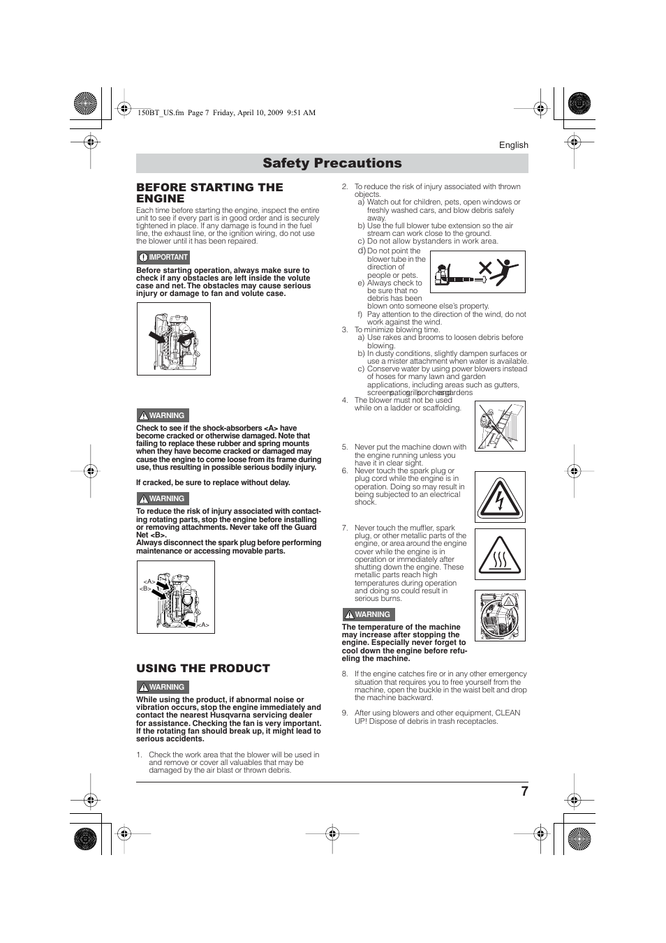 Safety precautions, Before starting the engine, Using the product | Husqvarna 115 24 05-95 User Manual | Page 7 / 18