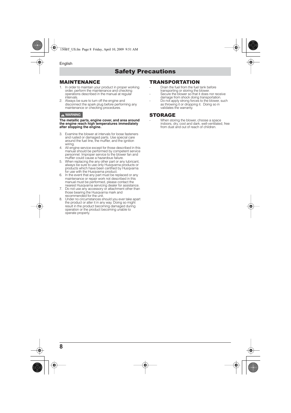 Safety precautions, Maintenance, Transportation | Storage | Husqvarna 115 24 05-95 User Manual | Page 8 / 18