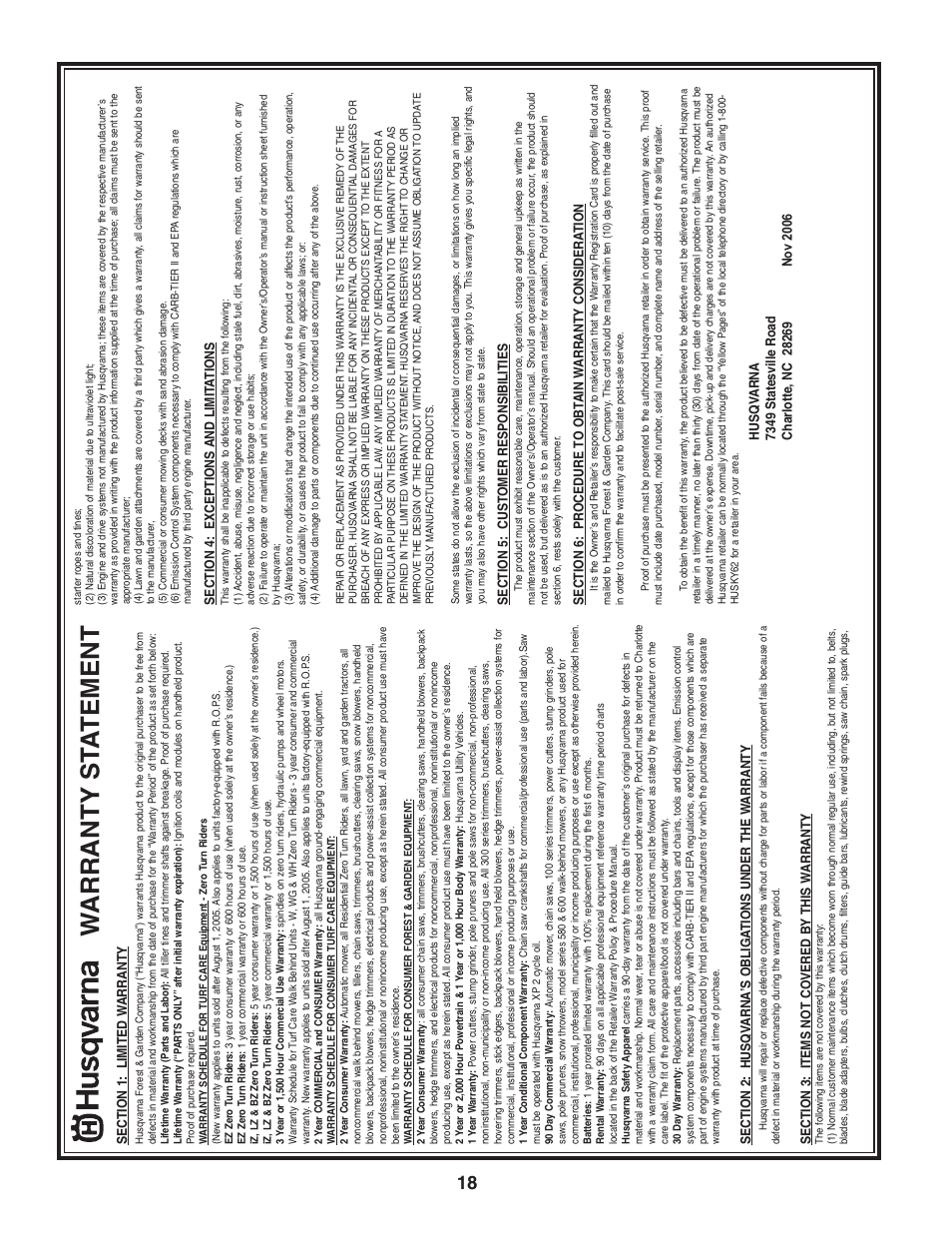Warranty, Warranty st a tement | Husqvarna 7021R User Manual | Page 18 / 18