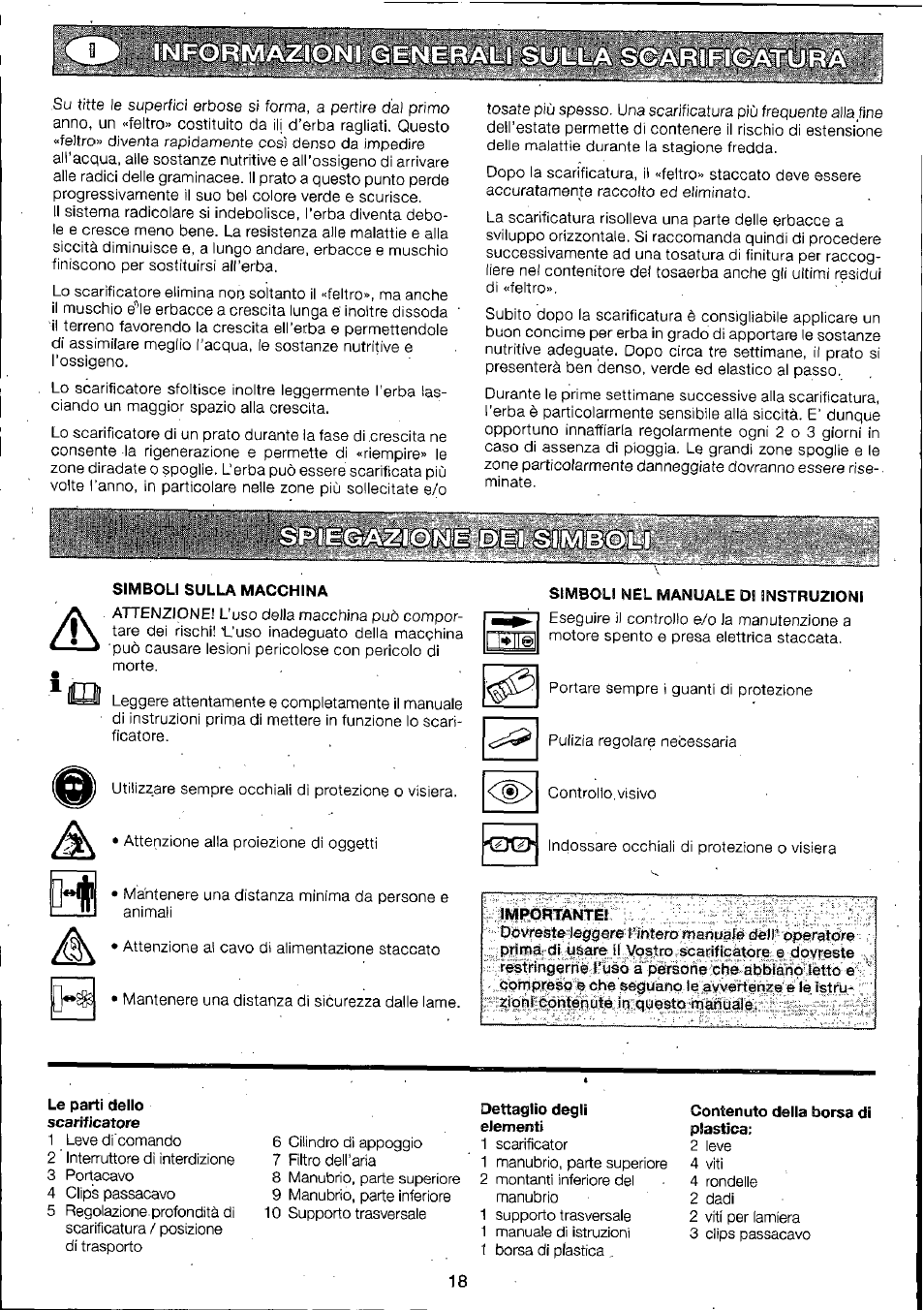 Simboli sulla macchina, Le parti dello scarificatore, Dettaglio degli elementi | Contenuto della borsa di plastica | Husqvarna 295-6273-01 User Manual | Page 20 / 42