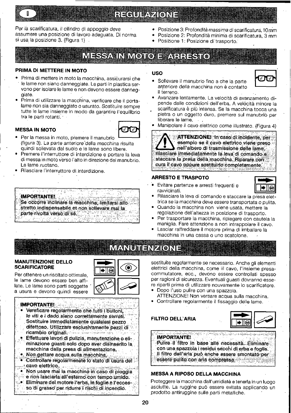 Regulazion, Messa in moto e arresto, Manutenzion | Husqvarna 295-6273-01 User Manual | Page 22 / 42