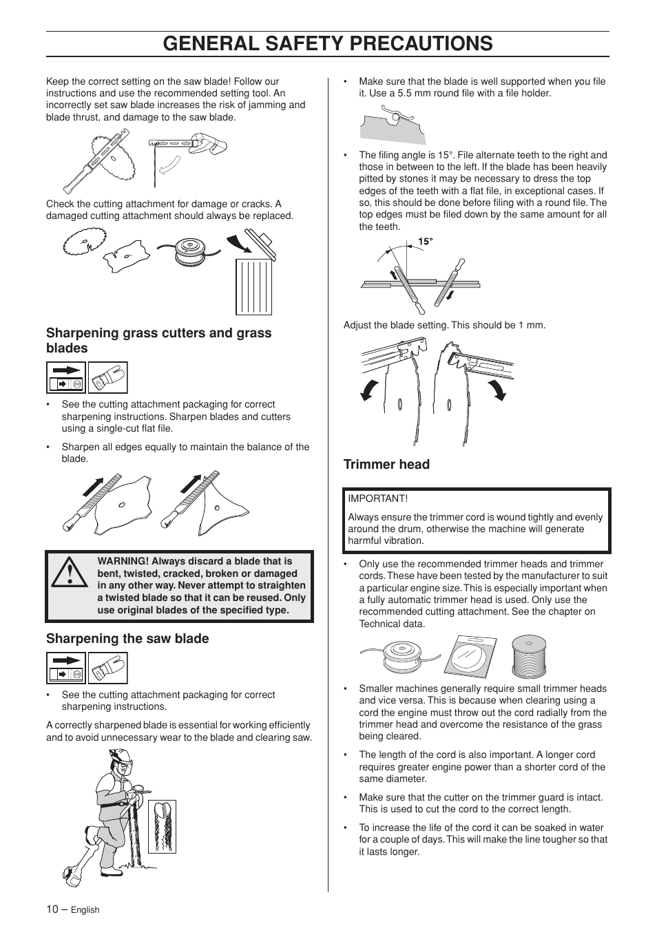 Sharpening grass cutters and grass blades, Sharpening the saw blade, Trimmer head | General safety precautions | Husqvarna 325RX-Series User Manual | Page 10 / 36