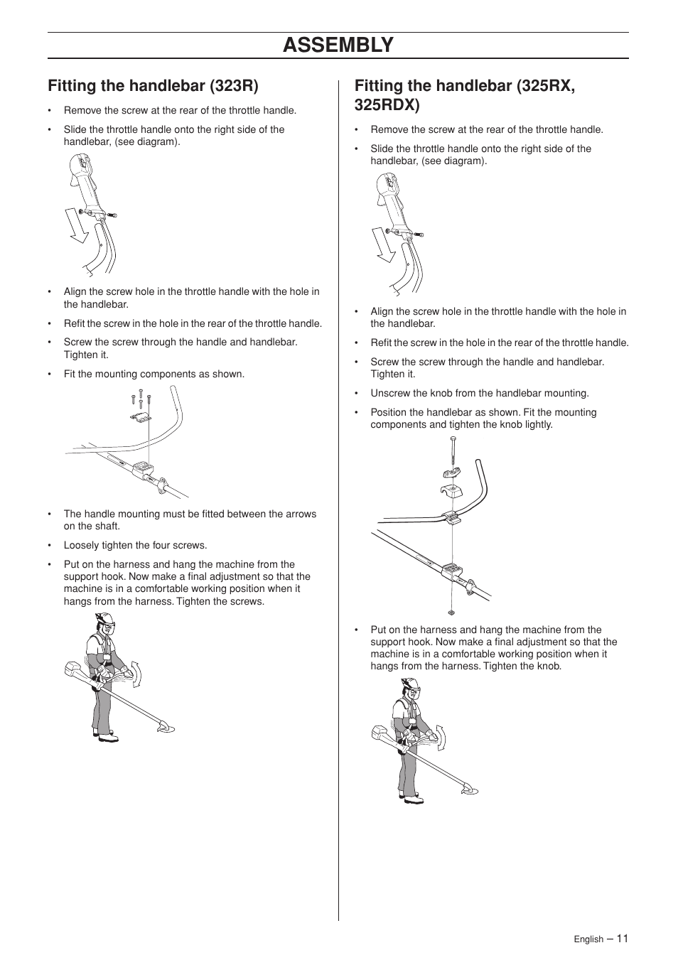 Fitting the handlebar (323r), Fitting the handlebar (325rx, 325rdx), Assembly | Husqvarna 325RX-Series User Manual | Page 11 / 36