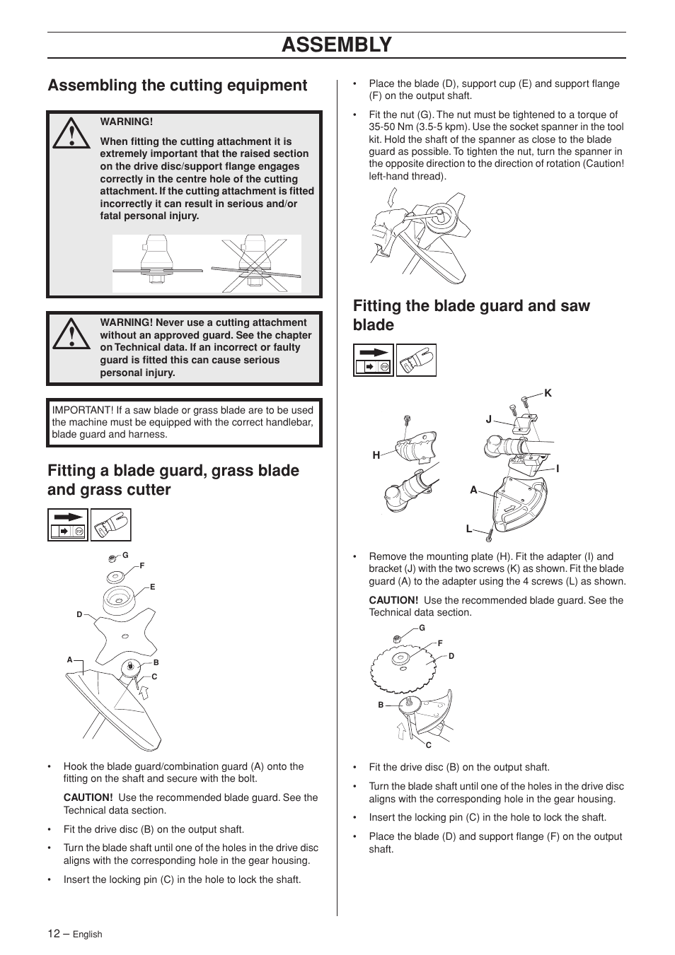 Assembling the cutting equipment, Fitting the blade guard and saw blade, Assembly | Husqvarna 325RX-Series User Manual | Page 12 / 36