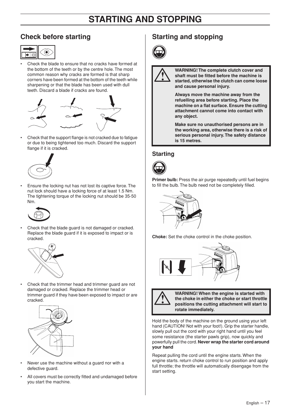 Check before starting, Starting and stopping, Starting | Husqvarna 325RX-Series User Manual | Page 17 / 36